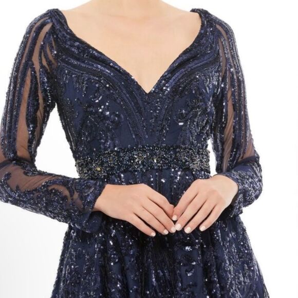 Mac Duggal 67113 Navy Sequin Long Sleeve Embellished Evening Gown 14 NWT  $598 - Picture 3 of 5